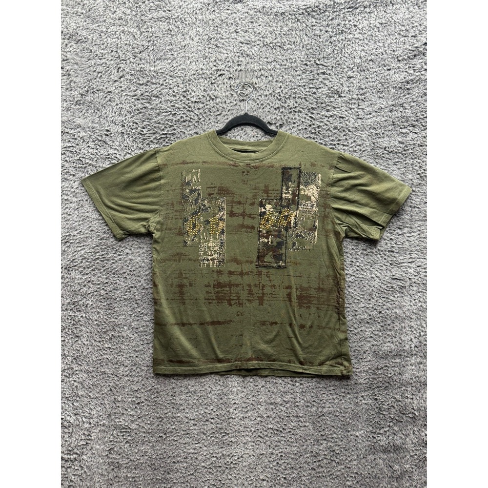 Y2k Redemption Embroidered Studded Patch Graphic T-Shirt Olive Green Mens Size M